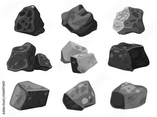 Clip art hand drawn simplistic illustration of different coals, minerals, stones or rocks set. Cartoon game art rocks and stones