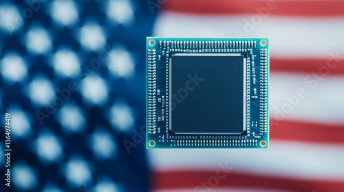 Microchip with American Flag Background Representing US Semiconductor Technology and Innovation