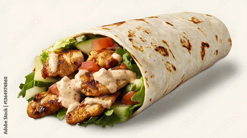 Savory Chicken Wrap: A mouthwatering chicken wrap, filled with succulent grilled chicken, crisp vegetables, and creamy sauce, offers a delectable experience. Savory Chicken Wrap: A mouthwatering chicken wrap, filled with succulent grilled chicken, crisp vegetables, and creamy sauce, offers a delectable experience.