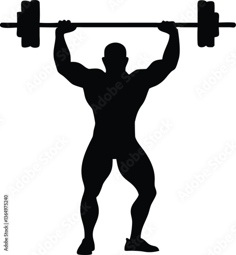 Black and white silhouette of weightlifter holding a barbell overhead, ideal for logos, branding, and digital artwork.