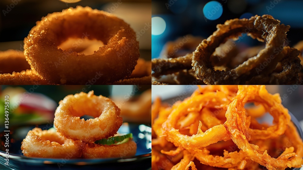 Four variations of crispy onion rings. Four variations of crispy onion rings.