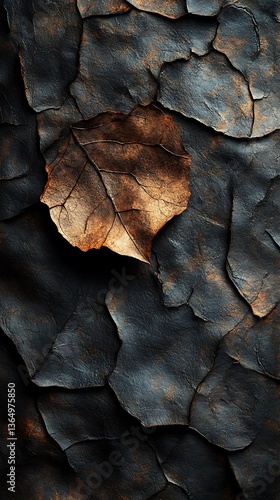 Cracked Dark Surface with a Partially Embedded Autumn Leaf