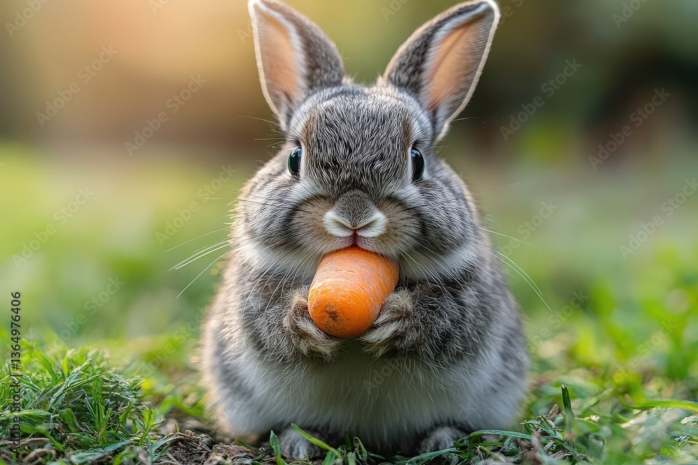 Fluffy Bunny Enjoys Munching on a Fresh Carrot in a Vibrant Green Garden During the Golden Hour of Late Afternoon Fluffy Bunny Enjoys Munching on a Fresh Carrot in a Vibrant Green Garden During the Golden Hour of Late Afternoon