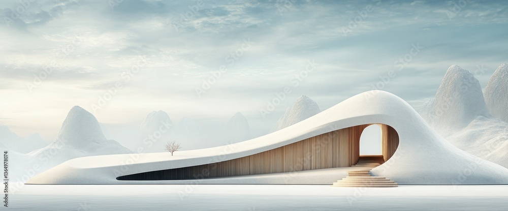 Serene minimalist structure nestled amidst snow-covered peaks, featuring a curved roof, wooden paneling, and a single tree Serene minimalist structure nestled amidst snow-covered peaks, featuring a curved roof, wooden paneling, and a single tree