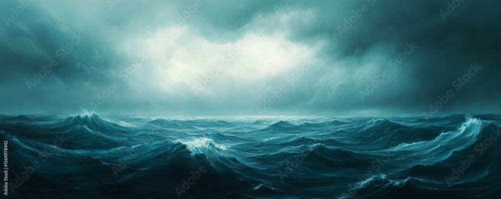 Fototapeta premium Dramatic seascape with towering waves under a turbulent sky, evoking awe and power