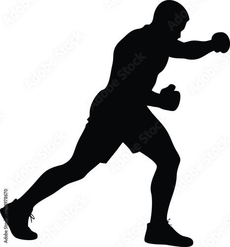Black and white silhouette of boxer dodging a punch, ideal for logos, branding, and digital artwork.
