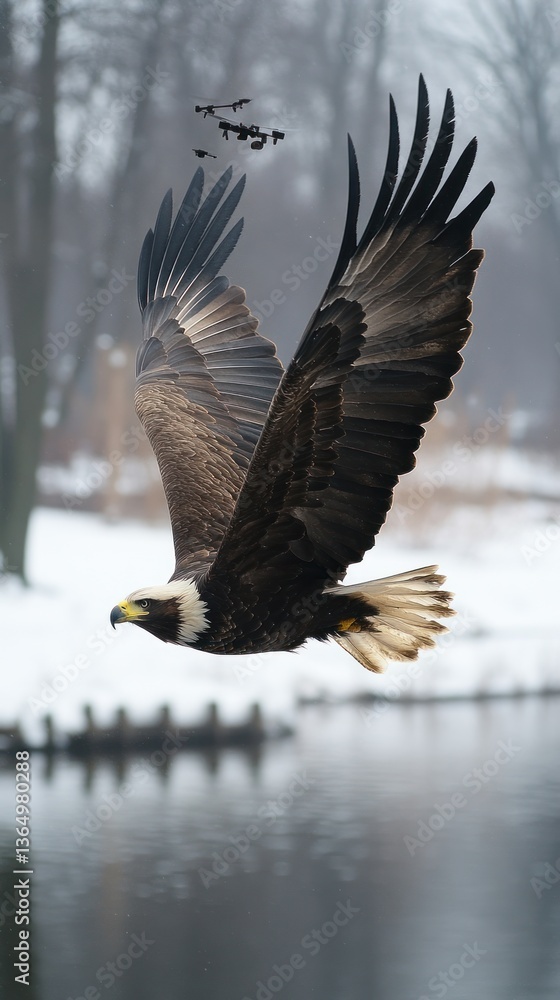 Fototapeta premium Majestic eagle in flight over snowy landscape