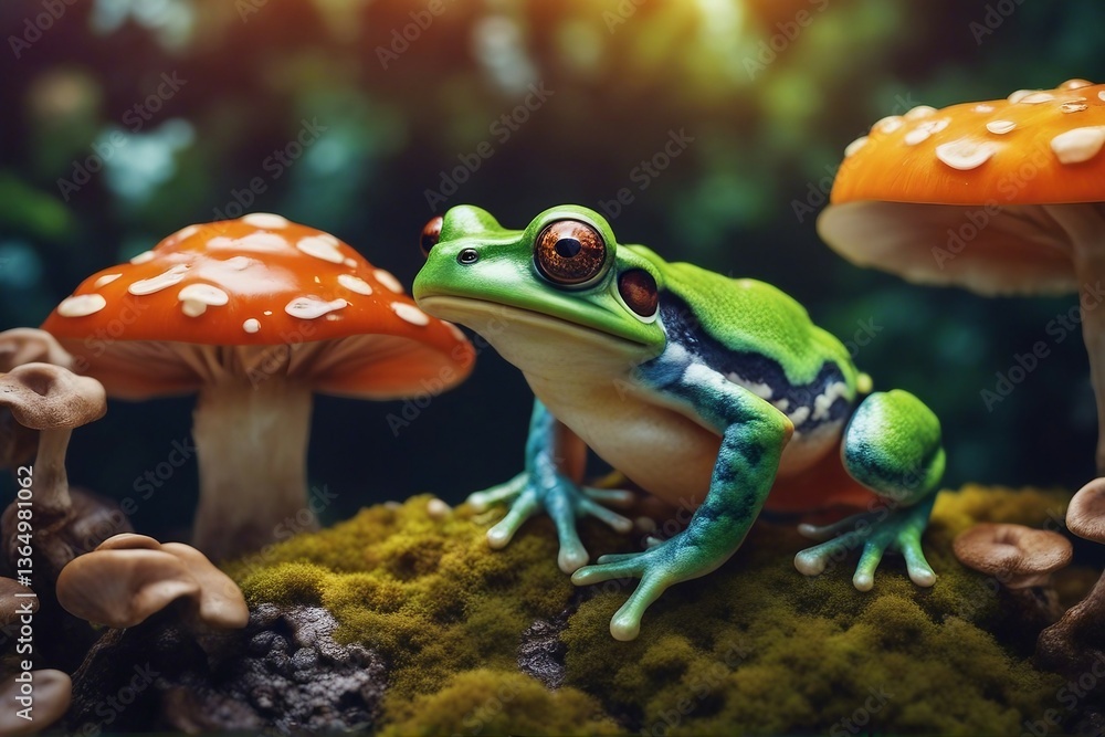 Naklejka premium A brightly colored, trippy frog resting on a mushroom. Generative AI