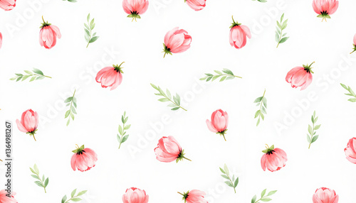 Floral Pattern with Pink Flowers and Green Leaves on White Background  