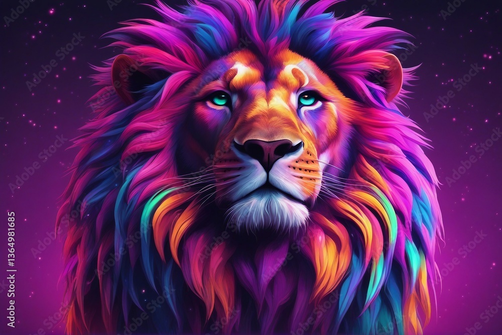 Fototapeta A Lion with a Stunning, Multicolored Rainbow Mane – A Creative Illustration. Generative AI