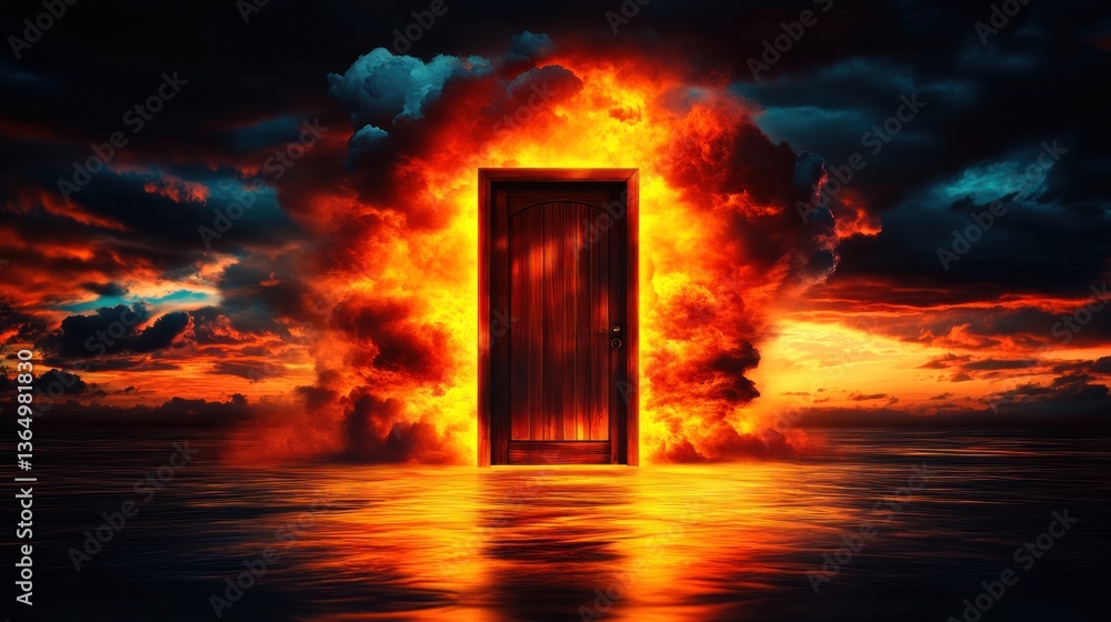 Fiery door emerges from inferno clouds, reflecting on still water Fiery door emerges from inferno clouds, reflecting on still water