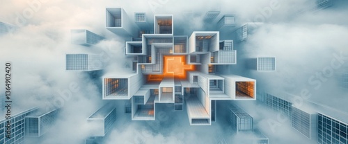 Abstract aerial view of a cluster of interconnected, white cubic structures in the clouds, with an orange glow at its center