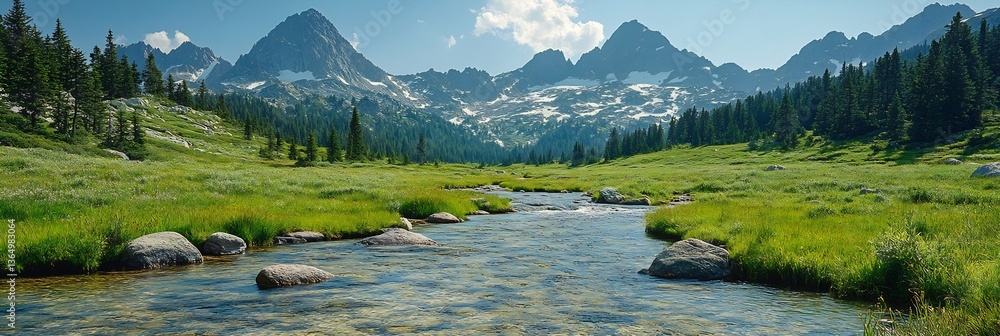 Fototapeta premium A peaceful mountain pass with snow-dusted peaks, a winding river below, and the soft glow of morning light illuminating the landscape. 