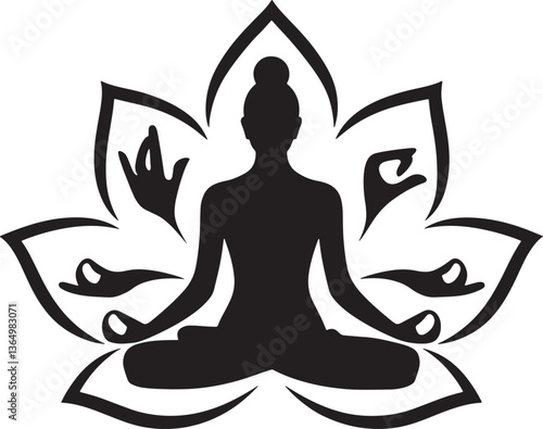 Meditation yoga silhouette vector Illustration logo icon clipart Black and white 