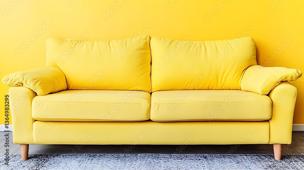 Fototapeta premium Bright yellow sofa against a matching yellow painted wall