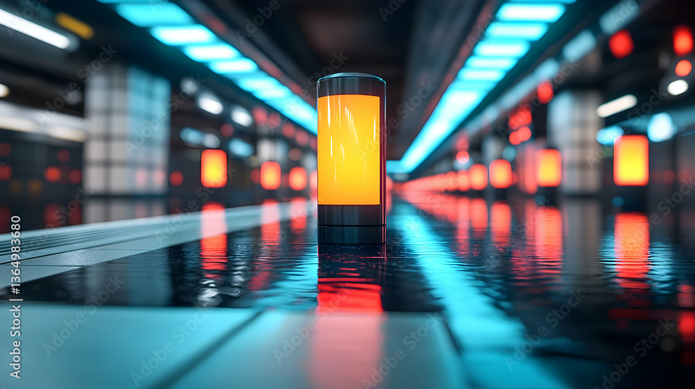 Glowing Orange Column in Futuristic Neon Lit Corridor Glowing Orange Column in Futuristic Neon Lit Corridor