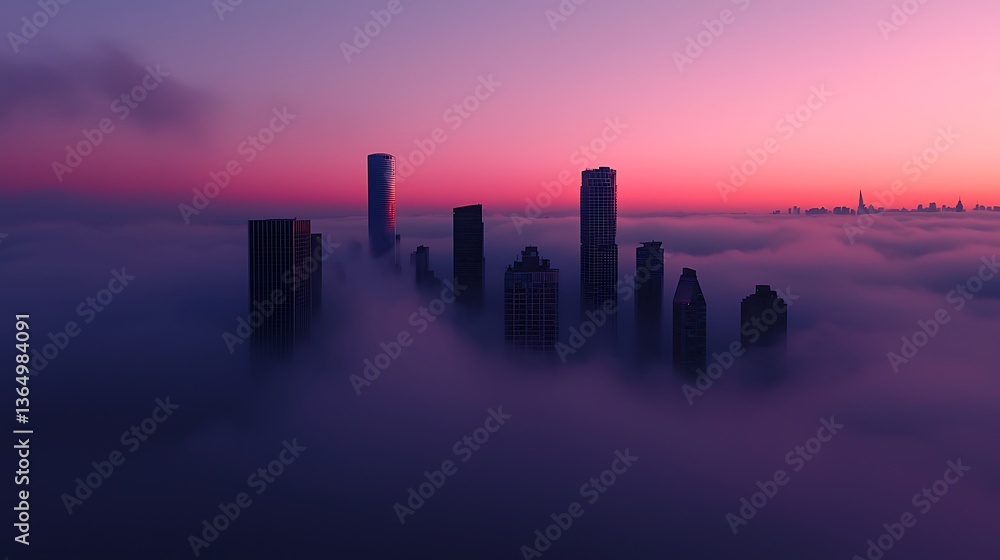 Fototapeta premium City skyline at sunrise through a sea of fog