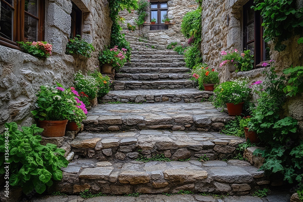 Obraz premium Photo of the stairs leading to an ancient castle courtyard, with stone walls and flowers in small window sills. The staircase is made from rough-hewn stones