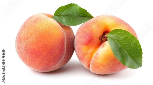 Fresh peaches with leaves on white background