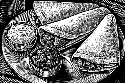 indian masala dosa food on plate black and white outline