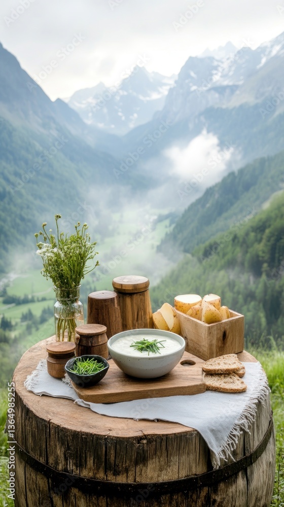 Fototapeta premium Creamy soup served outdoors with bread, herbs, and stunning mountain views