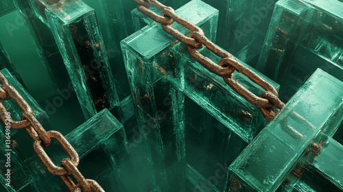 Abstract image of teal glass blocks interwoven with a rusty chain, creating a complex, textured design symbolizing connection, strength, or constraint