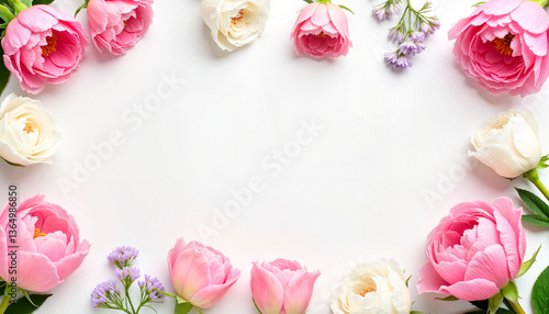 Floral arrangement framing a blank space on a white background  