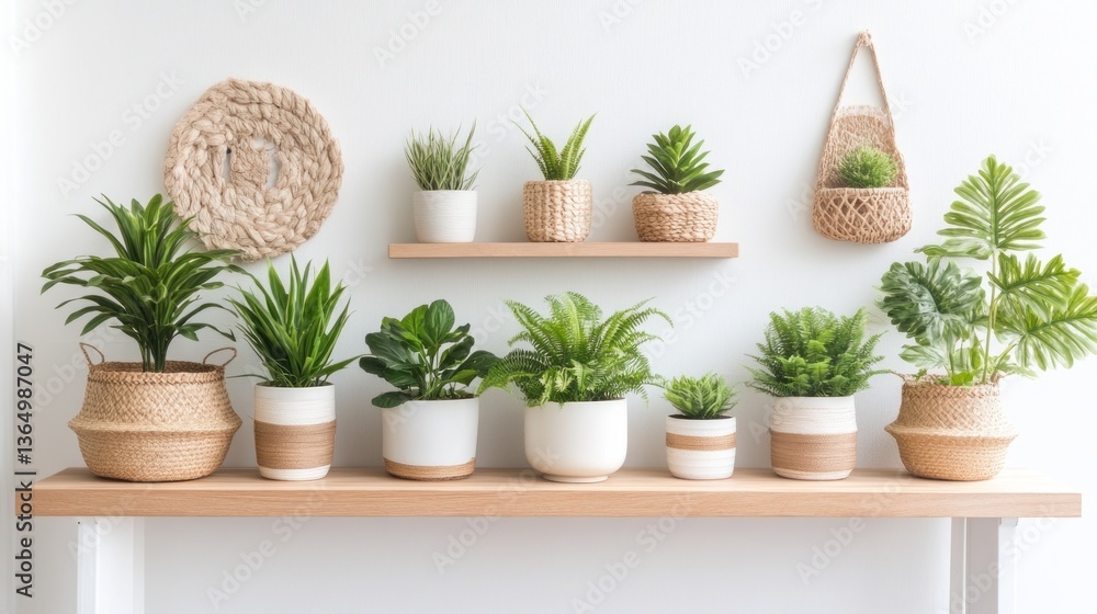 Fototapeta premium Indoor plants displayed on wooden shelves against a white wall, showcasing various pot types and plant species