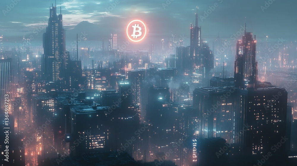 Obraz premium A futuristic city skyline with a prominent Bitcoin symbol in the sky, symbolizing the digital revolution in finance. The glowing lights of the city represent the integration of cryptocurrency 