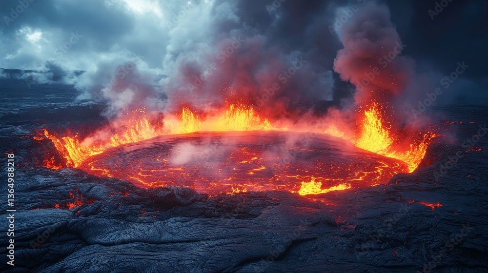 Fototapeta premium Volcanic Fury: Erupting Lava Lake with Smoke and Fire