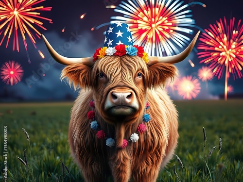 Cute Highland Cow 4th of July Clip Art - Vibrant Fireworks Celebration
