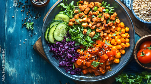 A beautifully plated vegan meal with vibrant vegetables, fresh herbs, and an artistic drizzle of sauce. The dish looks elegant and appetizing, appealing to the growing demand for plant-based cuisine.