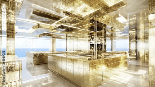 A futuristic interior design featuring golden surfaces and expansive ocean views
