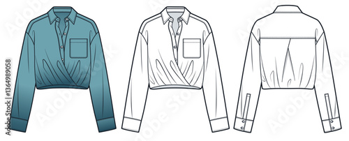 Cropped Collar Shirt Technical Fashion Illustration. Wrap Blouse fashion flat technical drawing template, buttons, pocket, front and back view, white, turquoise, women, men, unisex CAD mockup set.