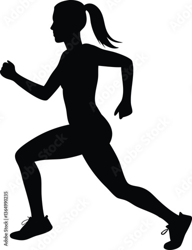 Black and white silhouette of woman with a ponytail jogging, ideal for logos, branding, and digital artwork.