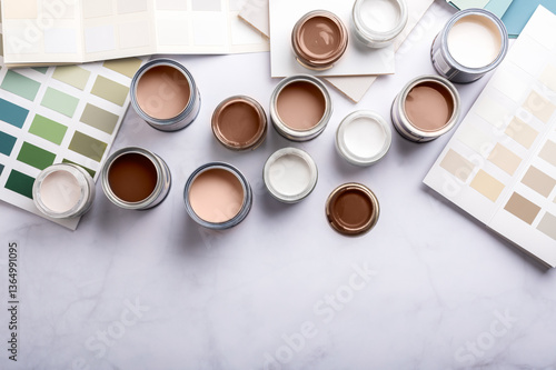Tiny sample paint cans during house renovation, process of choosing paint for the walls, Mocha Mousse color of the year 2025, color charts on background