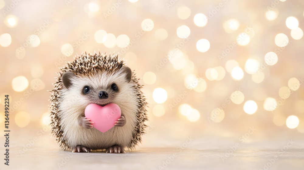 Adorable Hedgehog Holding Pink Heart Against Bokeh Lights for Valentine or Love-Themed Concept. Adorable Hedgehog Holding Pink Heart Against Bokeh Lights for Valentine or Love-Themed Concept.