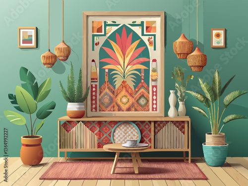 vector of Mock up poster frame in boho style decorated living room. Modern, authentic Interior design of living room with wooden furnitures. 3D illustration