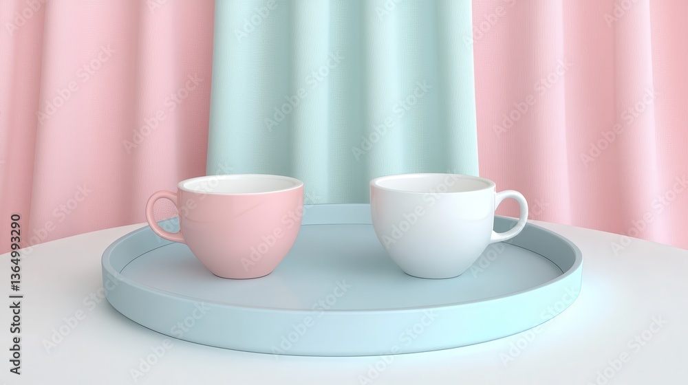 Elegant Scene of Pink and White Cups on Round Tray with Soft Pastel Background in Stylish Minimalist Setting Elegant Scene of Pink and White Cups on Round Tray with Soft Pastel Background in Stylish Minimalist Setting