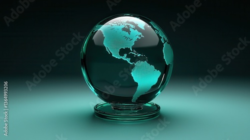 Glowing Glass Globe with North and South America on Dark Background in Modern Style