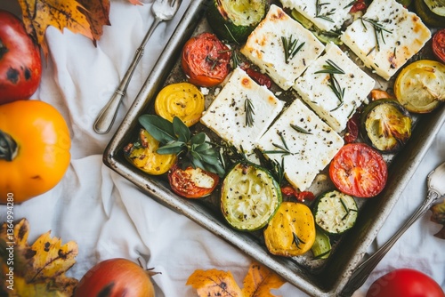 Roasted veggies with feta and herbs on a baking tray with autumn leaves and produce