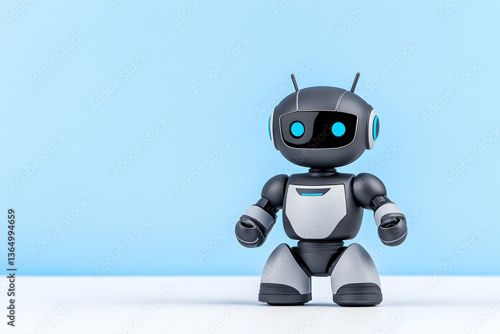 Cute robot, standing, against light blue background Cute robot, standing, against light blue background