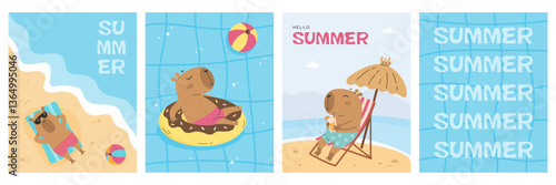 Summer posters set with funny capybara