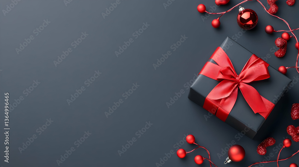 Dark grey background with black gift box and red ribbon Festive decorations Dark grey background with black gift box and red ribbon Festive decorations