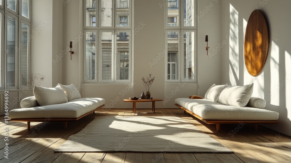 Fototapeta premium Sunlit minimalist living room with two low platform sofas, wooden coffee table, and large circular wall art