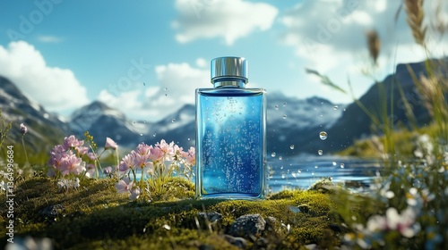Bottle of perfume surrounded by flowers in nature