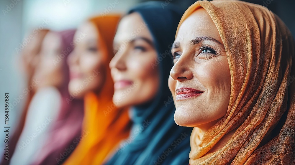 Obraz premium Group of women wearing colorful headscarves looking forward together