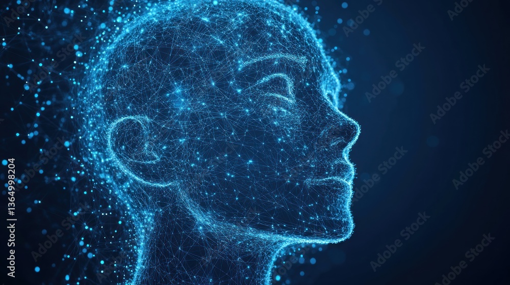 Obraz premium digital human head constructed with glowing dots and interconnected lines symbolizing artificial intelligence and futuristic technology