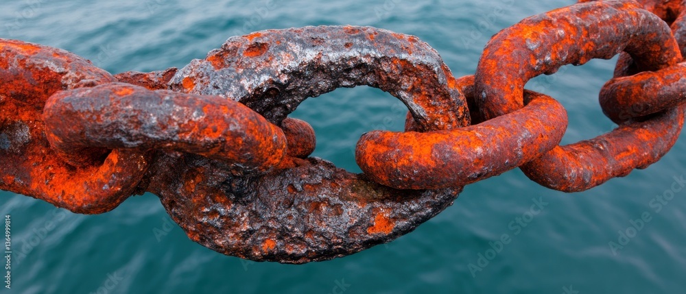 Heavily rusted chain links interlock against a blurry ocean backdrop Heavily rusted chain links interlock against a blurry ocean backdrop