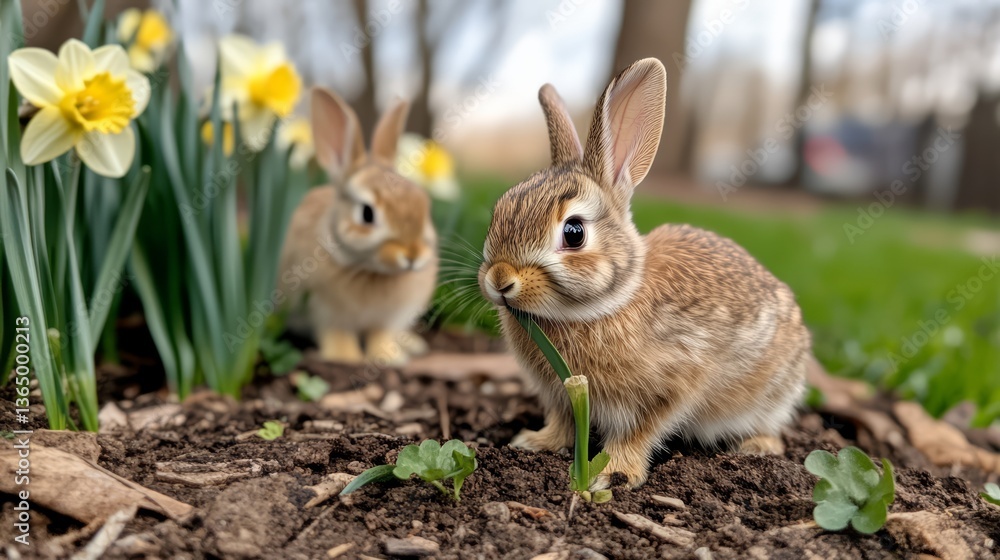 Fototapeta premium Adorable Baby Bunnies Eating Spring Greenery in Garden with Yellow Daffodils on Sunny Day